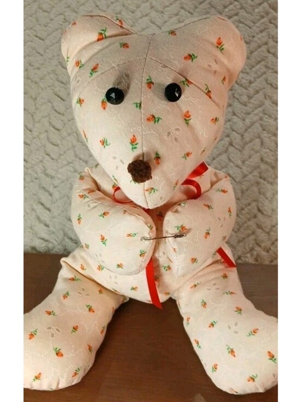 Handmade NEW Vintage - 11" Plush Stuffed Bear Button Eyes Ribbon Scarf Floral